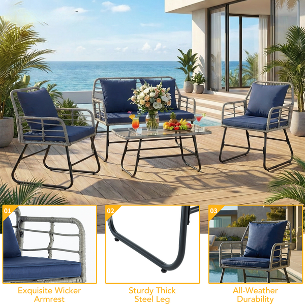 CONCETTA 3 Piece Outdoor Patio Furniture Set, Wicker Bistro Chairs with Glass Top Table for Apartment Balcony, Small Backyard, Porch and Deck