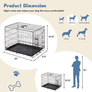 CONCETTA 30Inch Medium Single Door Dog Cage, With Divider Panel and Plastic Leak-Proof Pan Tray, Foldable For Indoor, Outdoor, Travel