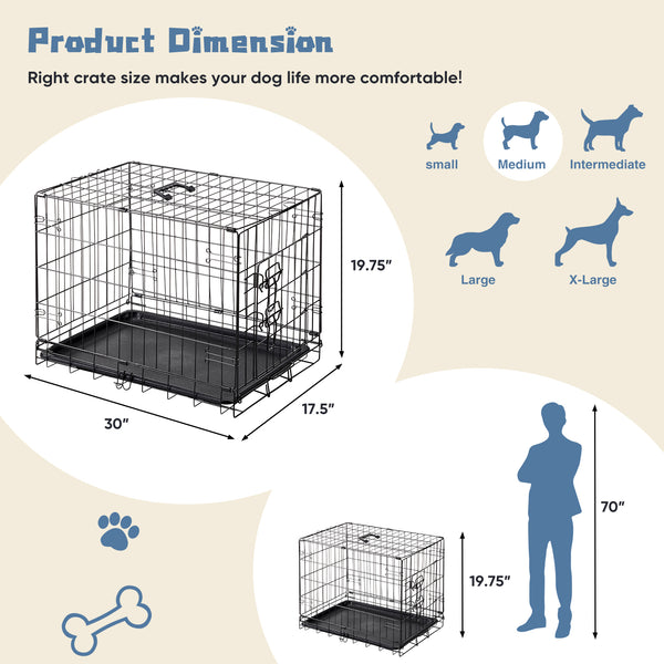 CONCETTA 30Inch Medium Single Door Dog Cage, With Divider Panel and Plastic Leak-Proof Pan Tray, Foldable For Indoor, Outdoor, Travel