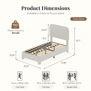 CONCETTA Bed Frame with Boucle Upholstery, Modern Platform Bed with Headboard, Soft Rounded Corners, No Box Spring Needed, Easy Assembly, White
