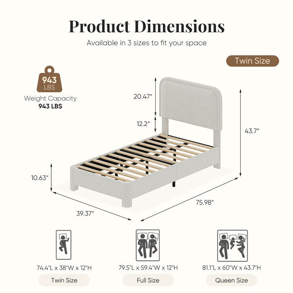 CONCETTA Bed Frame with Boucle Upholstery, Modern Platform Bed with Headboard, Soft Rounded Corners, No Box Spring Needed, Easy Assembly, White