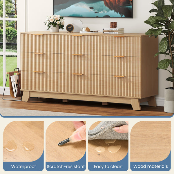 CONCETTA Modern Fluted Dresser for Bedroom, Wide Chest of Drawers with Metal Handles, Wood Storage Organizer for Living Room Bedroom Hallway, Natural Oak