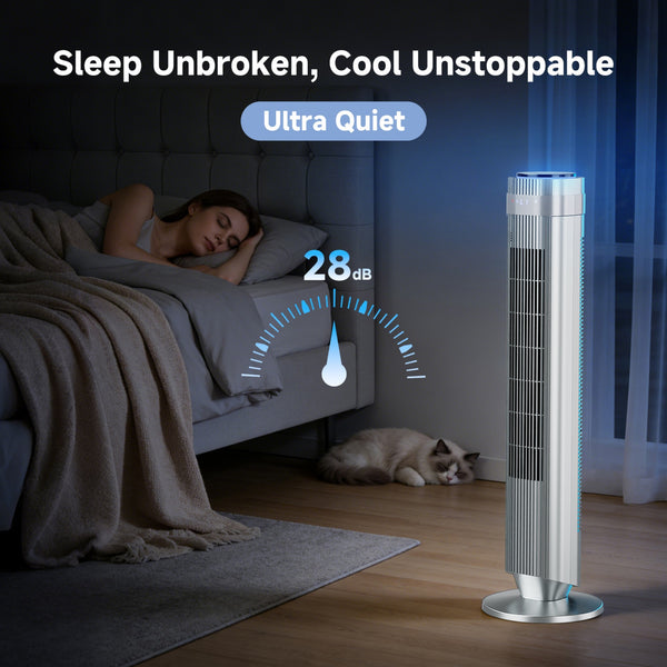 SHOUFTW Tower Fan Standing Bladeless, 23ft/s Velocity Quiet, 64° Oscillating with 5 Speeds, 4 Modes, 12H Timer for Indoor Bedroom