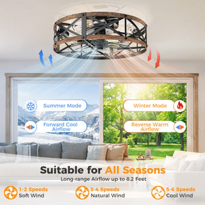 SHOUFTW Bladeless Farmhouse Flush Mount Ceiling Fan with Lights, Remote Control Rustic Low Profile Caged Quiet Fandelier for Bedroom Kitchen