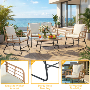 CONCETTA 3 Piece Outdoor Patio Furniture Set, Wicker Bistro Chairs with Glass Top Table for Apartment Balcony, Small Backyard, Porch and Deck