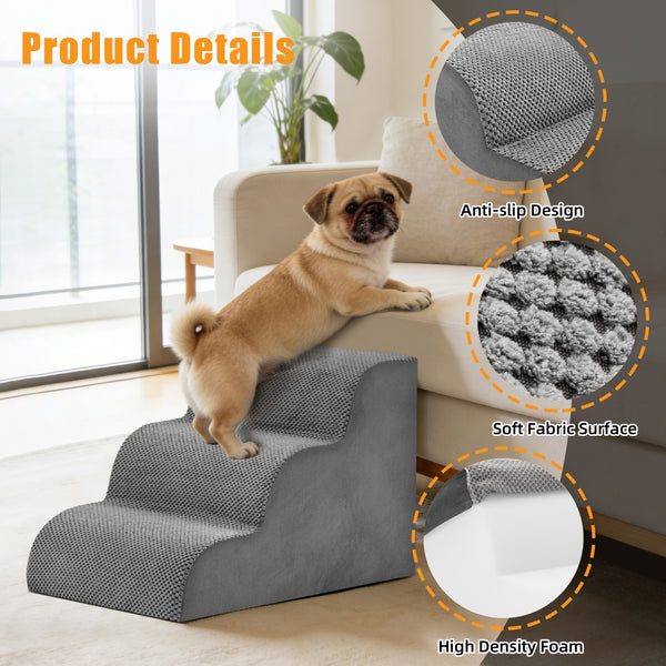SHOUFTW Round Edge Pet Stairs Ramp, High-Density Foam Dog Cat Steps, Non-Slip Indoor Ladder for Couch, High Beds, Car, Gray