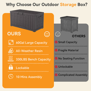 CONCETTA 60-Gallon Waterproof Deck Box, UV-Resistant Resin Outdoor Storage, Lockable Wide-Opening Lid, Garden Patio Storage Bench