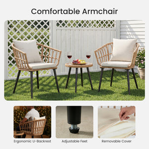 CONCETTA 3 Piece Outdoor Patio Furniture Set, Wicker Bistro Chairs with Glass Top Table for Apartment Balcony, Small Backyard, Porch and Deck