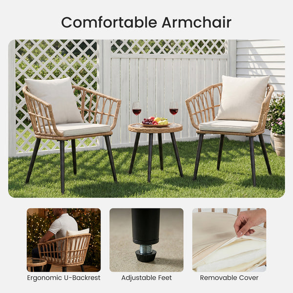CONCETTA 3 Piece Outdoor Patio Furniture Set, Wicker Bistro Chairs with Glass Top Table for Apartment Balcony, Small Backyard, Porch and Deck