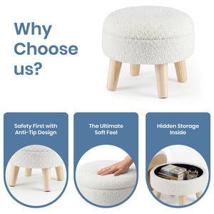 CONCETTA Round Storage Ottoman with Soft Padded Seat, Teddy Velvet Footstool with Wood Legs, Accent Ottoman for Living Room & Entryway