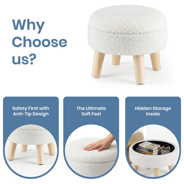 CONCETTA Round Storage Ottoman with Soft Padded Seat, Teddy Velvet Footstool with Wood Legs, Accent Ottoman for Living Room & Entryway