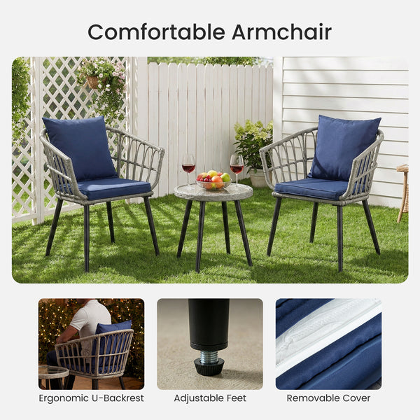 CONCETTA 3 Piece Outdoor Patio Furniture Set, Wicker Bistro Chairs with Glass Top Table for Apartment Balcony, Small Backyard, Porch and Deck