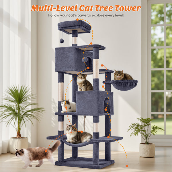 CONCETTA 66in Multi Level Cat Tree Tower,Cat Scratching Posts with Large Top Perch and Hammock, Beige