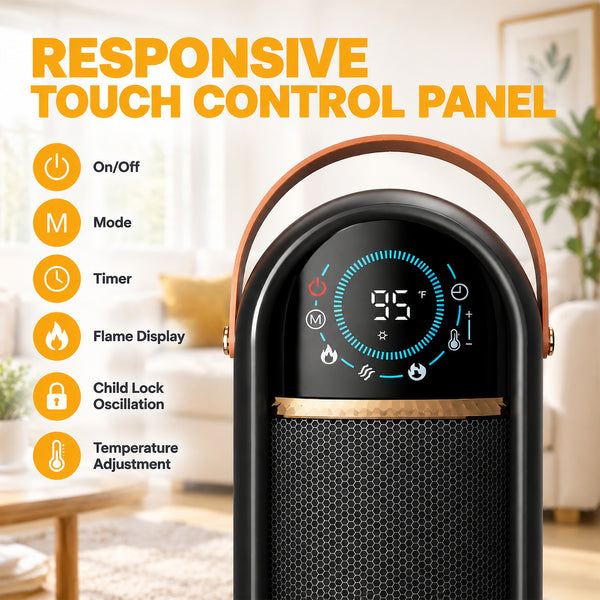 SHOUFTW 1500W Tower Space Heater for Indoor Use, Electric Heater with Static Simulated Flame, 45° Oscillation, Child Lock, Overheat & Tip-Over Safety