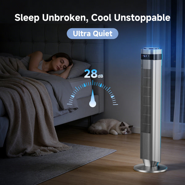SHOUFTW Tower Fan Standing Bladeless, 23ft/s Velocity Quiet, 64° Oscillating with 5 Speeds, 4 Modes, 12H Timer for Indoor Bedroom