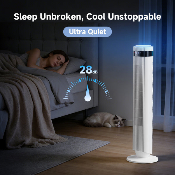 SHOUFTW Tower Fan Standing Bladeless, 23ft/s Velocity Quiet, 64° Oscillating with 5 Speeds, 4 Modes, 12H Timer for Indoor Bedroom