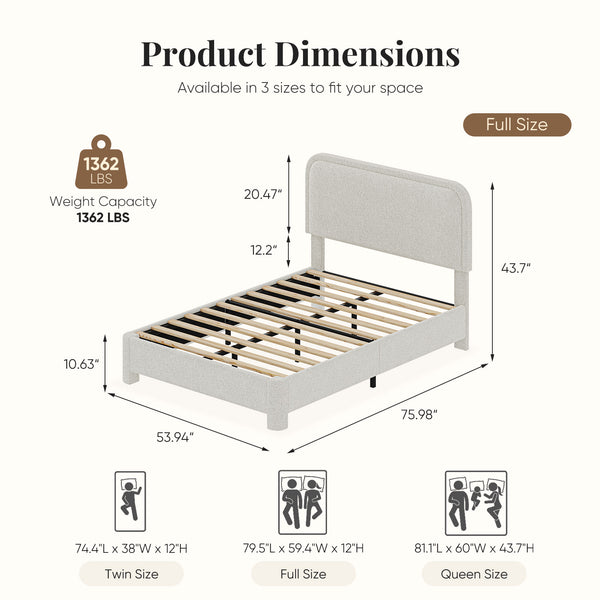 CONCETTA Bed Frame with Boucle Upholstery, Modern Platform Bed with Headboard, Soft Rounded Corners, No Box Spring Needed, Easy Assembly, White