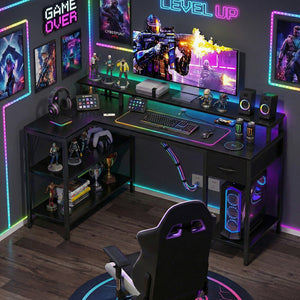 CONCETTA 47 inch L-Shaped Gaming Desk - Reversible with LED Lighting, Power Outlets & Double-Tier Storage, for Home Office