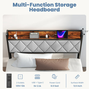 CONCETTA Full Size Heavy Duty Metal Bed Frame, Storage Headboard with Charging Station, Noise Free, No Spring Box Required, 880lbs Capacity