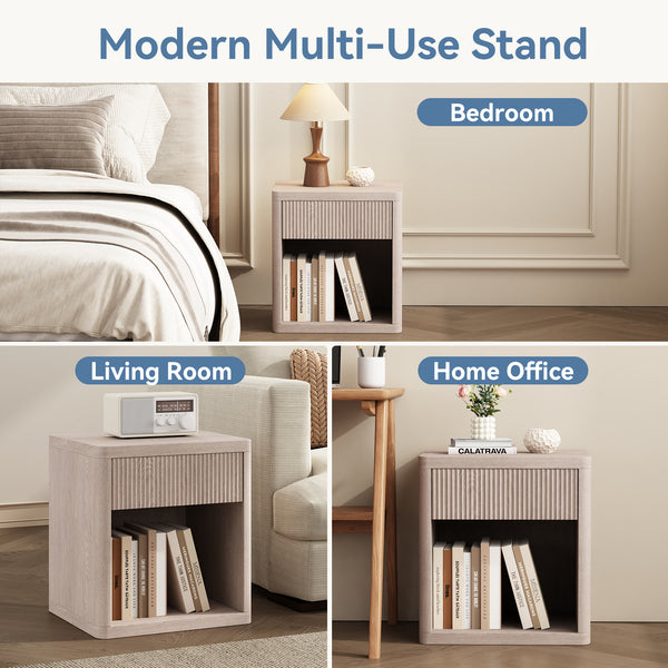 CONCETTA Nightstand with Drawer and Open Shelf, Mid Century Fluted End Table for Bedroom, Living Room and Office