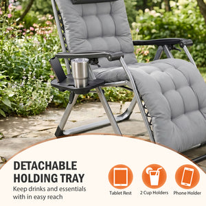 SHOUFTW Padded Zero Gravity Lounge Chair with Detachable Cushion & Side Tray, Folding Reclining Patio Chair, Outdoor Lawn Lounger