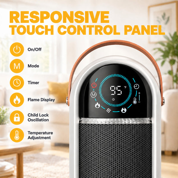 SHOUFTW 1500W Tower Space Heater for Indoor Use, Electric Heater with Static Simulated Flame, 45° Oscillation, Child Lock, Overheat & Tip-Over Safety