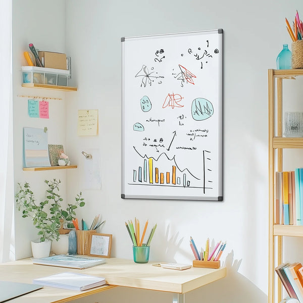 Magnetic Dry Erase Board - 36x24in, Dual Mount, Removable Pen Tray, Silver Frame, White