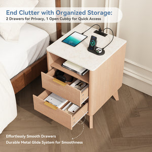 CONCETTA Fluted Nightstand with Charging Station, Faux Marble Top Bedside Table with 2 Drawers and Open Shelf for Bedroom, Living Room