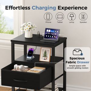 CONCETTA Small Night Stand with Charging Station, 1 Fabric Drawer, USB Ports and Outlets, Open Storage Shelf Bedside End Table for Bedroom, Black，Black Brown,Rustic Brown，White