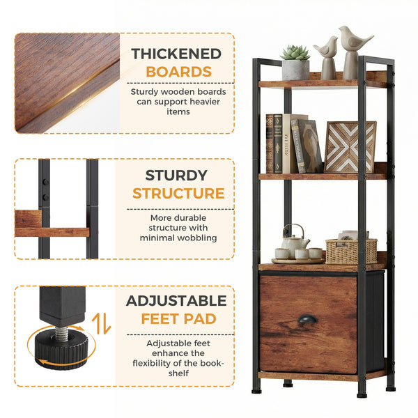 CONCETTA  Bookshelf with Drawer, Tall Narrow Bookcase with Shelves, Wood and Metal Storage Organizer for Bedroom, Living Room