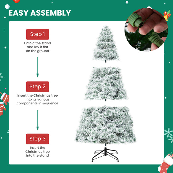Artificial Full Christmas Tree, Flocked Snow Trees with Pine Cone Decoration, Includes Stand, Incandescent Lights & Foldable Base for Home, Office, Party
