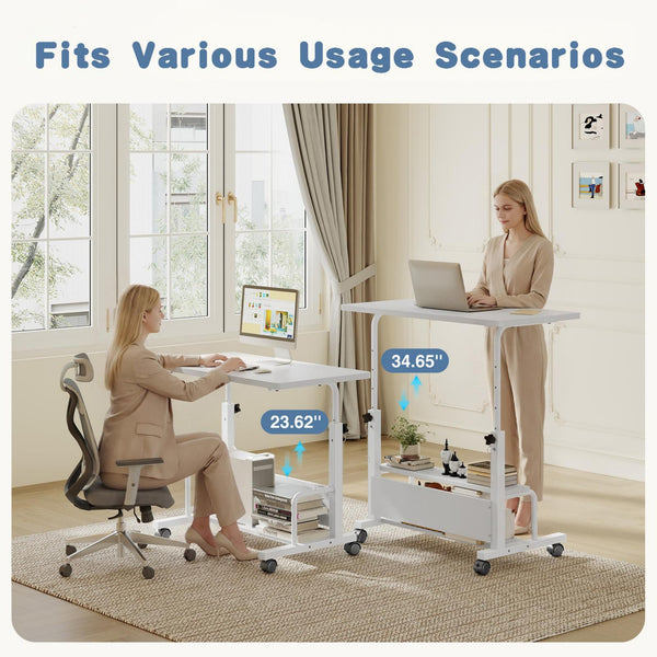 CONCETTA 31.5'' Adjustable Height Rolling Computer Desk with Storage Shelves, Portable Mobile Desk for Small Spaces Home Office
