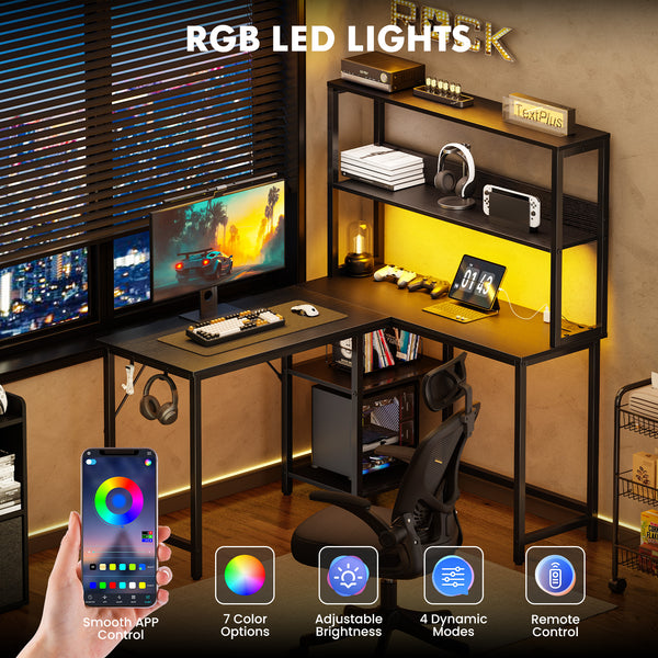 CONCETTA L Shaped Gaming Desk, Reversible Computer Desk with Power Outlets & LED Lignts, Gaming Table with Storage Shelves and Hooks for Bedroom Home Office