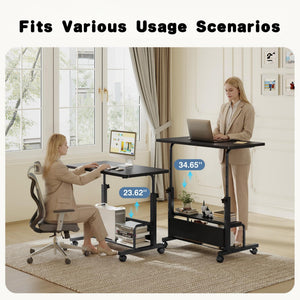 CONCETTA 31.5'' Adjustable Height Rolling Computer Desk with Storage Shelves, Portable Mobile Desk for Small Spaces Home Office