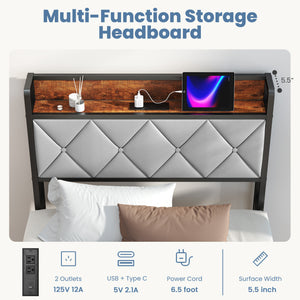 CONCETTA Twin Size Heavy Duty Metal Bed Frame, Storage Headboard with Charging Station, Noise Free, No Spring Box Required, 800lbs Capacity
