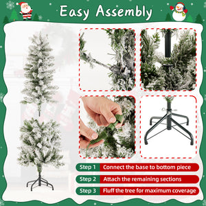 Artificial Full Christmas Tree, Flocked Snow Trees with Pine Cone Decoration, Includes Stand, Incandescent Lights & Foldable Base for Home, Office, Party