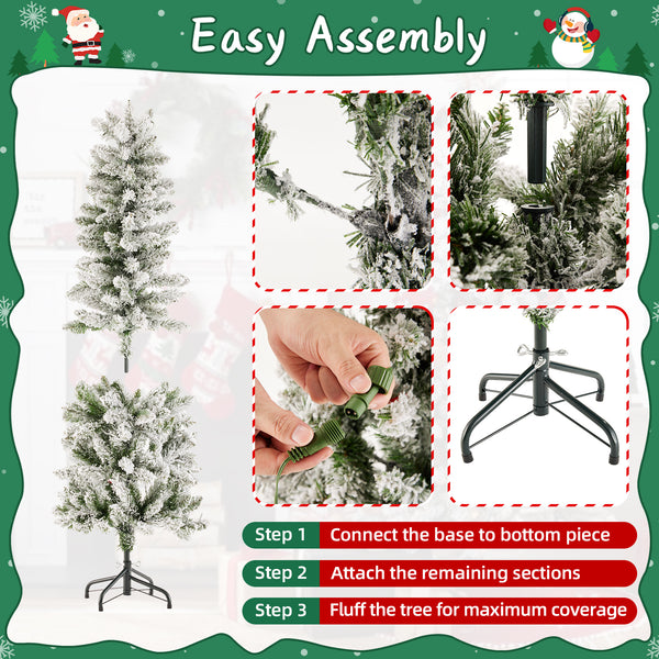 Artificial Full Christmas Tree, Flocked Snow Trees with Pine Cone Decoration, Includes Stand, Incandescent Lights & Foldable Base for Home, Office, Party