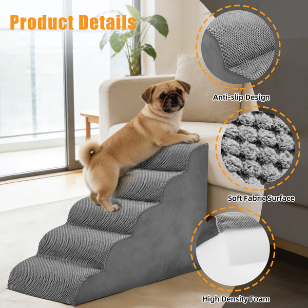 SHOUFTW Round Edge Pet Stairs Ramp, High-Density Foam Dog Cat Steps, Non-Slip Indoor Ladder for Couch, High Beds, Car, Gray