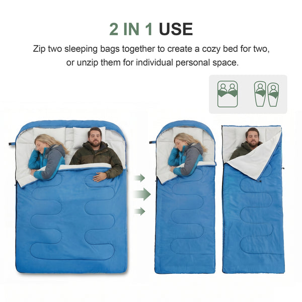 CONCETTA Lightweight Double Sleeping Bag for Adults in Cold & Warm Weaher, Waterproof & Machine Washable for Camping/Backpacking/Hiking