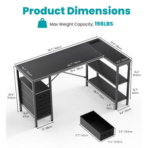 47"L Shaped Computer Desk with 3 Drawers, Power Outlets, USB Ports, and Monitor Stand, Corner Gaming Desk for Home Office
