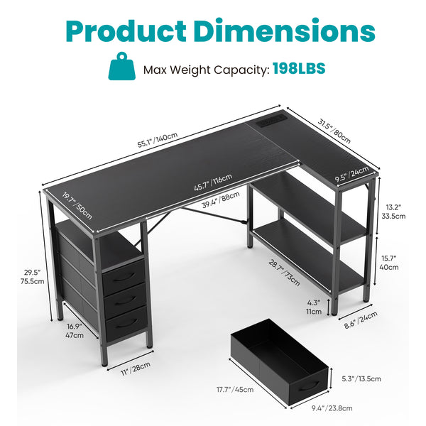 47"L Shaped Computer Desk with 3 Drawers, Power Outlets, USB Ports, and Monitor Stand, Corner Gaming Desk for Home Office