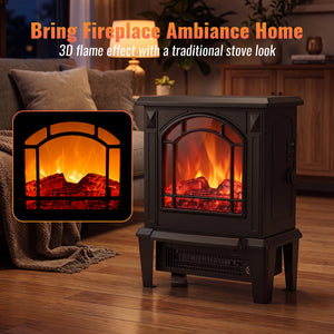 SHOUFTW 18" Freestanding Electric Fireplace Stove, 1400W Space Heater with 3D Realistic Flame, Indoor Fireplace for Bedroom, Living Room, Office, Black