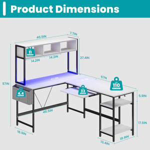 67" Reversible L-Shaped Desk with LED Lights, Power Outlets, Drawer, Keyboard Tray & Hutch