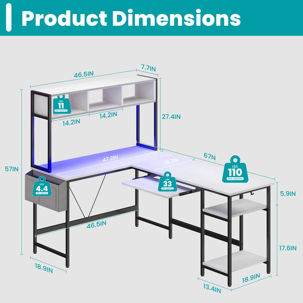 67" Reversible L-Shaped Desk with LED Lights, Power Outlets, Drawer, Keyboard Tray & Hutch