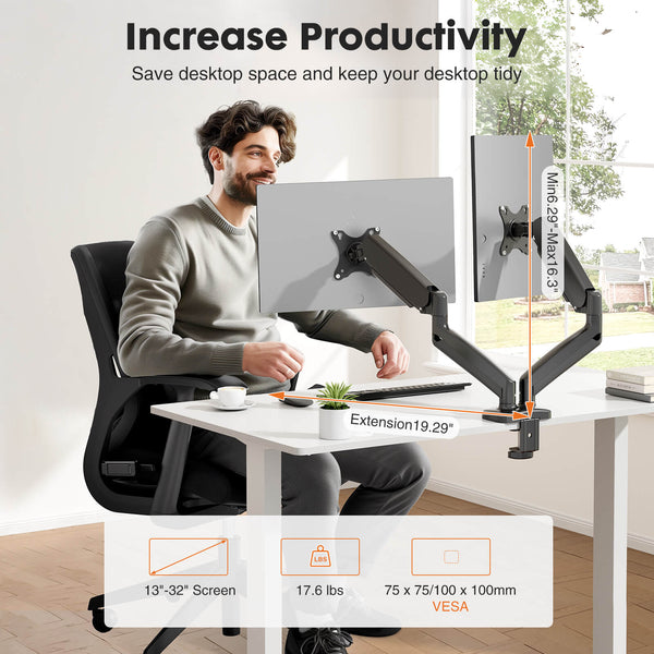 JOINSUN Dual Monitor Stand - Adjustable Gas Spring Monitor Desk Mount Swivel Vesa Bracket with C Clamp, Grommet Mounting Base for 15 to 32 Inch Computer Screens