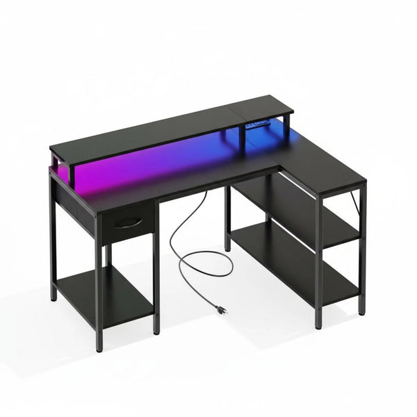 L-Shaped Gaming Desk - Reversible with LED Lighting, Power Outlets & Double-Tier Storage, for Home Office