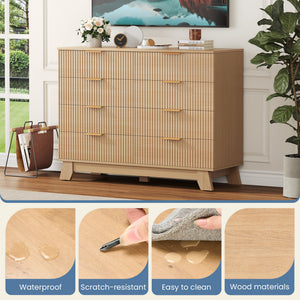 CONCETTA Modern Fluted Dresser for Bedroom, Wide Chest of Drawers with Metal Handles, Wood Storage Organizer for Living Room Bedroom Hallway, Natural Oak