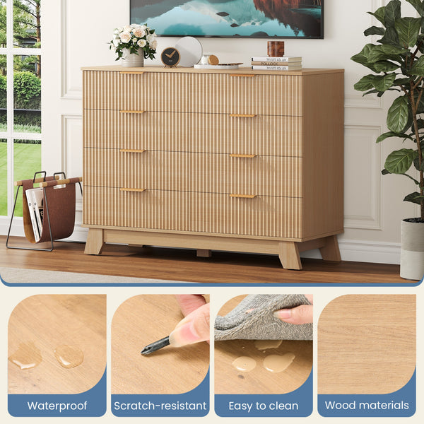 CONCETTA Modern Fluted Dresser for Bedroom, Wide Chest of Drawers with Metal Handles, Wood Storage Organizer for Living Room Bedroom Hallway, Natural Oak