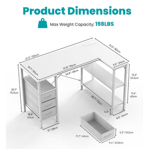 47"L Shaped Computer Desk with 3 Drawers, Power Outlets, USB Ports, and Monitor Stand, Corner Gaming Desk for Home Office