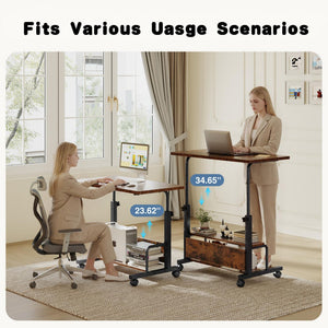 CONCETTA 31.5'' Adjustable Height Rolling Computer Desk with Storage Shelves, Portable Mobile Desk for Small Spaces Home Office